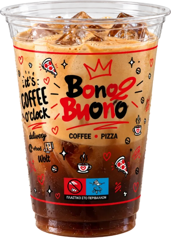 A freddo espresso in a clear Bono Buono cup