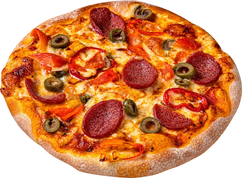 Pizza with salami, olives and peppers