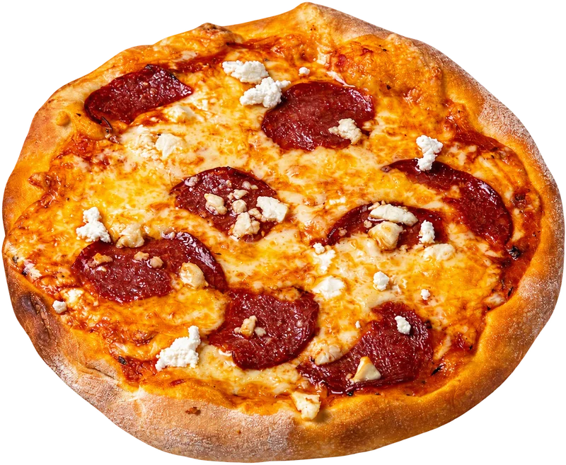 Pizza with salami and feta
