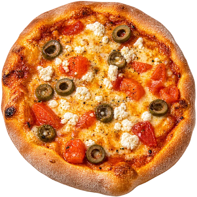 Greek pizza with feta, olives and tomato
