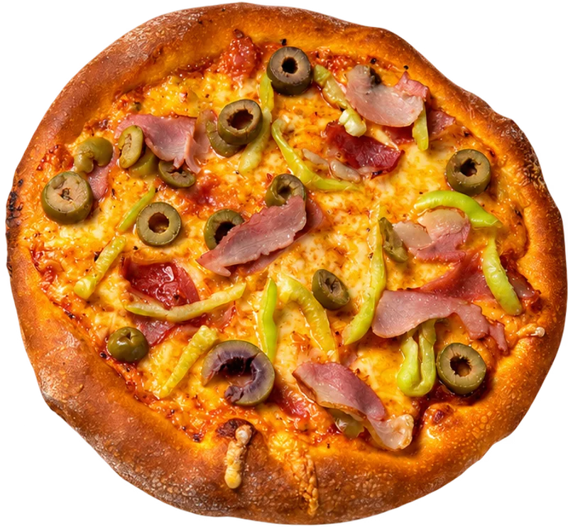 Pizza with ham, olives and peppers