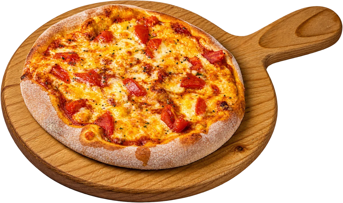 Margherita pizza on a wooden paddle board