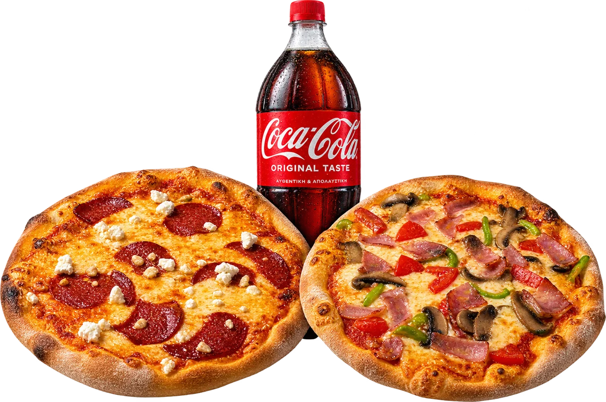 Two 33 cm pizzas and a 1.5 L Coca-Cola